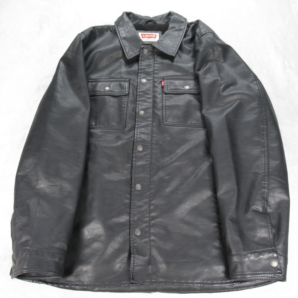 Levis Jacket Men Large Black Sherpa Fleece Lined Synthetic Leather Snap Zip